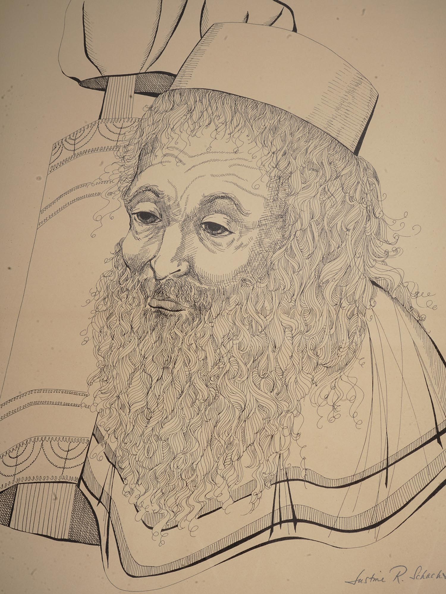 JUDAICA ETCHING RABBI BY JUSTINE RANSON SCHACHTER PIC-1